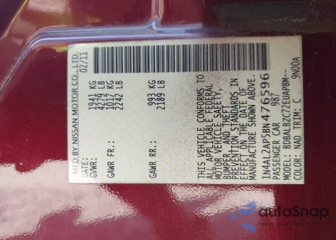 2011 Nissan Altima 2.5 S z USA, uszkodzony, nr VIN 1N4AL2AP5BN476596